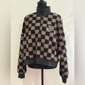 PINK Victorias Secret L Checkered Fleece Jacket - Black and Tan 664